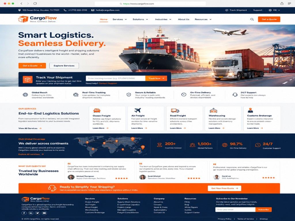 Prikaz logističke web stranice s praćenjem pošiljke i uslugama prijevoza.