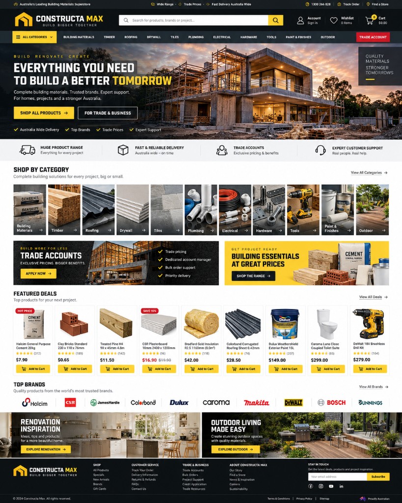 Prikaz web trgovine građevinskog materijala s kategorijama i akcijama.